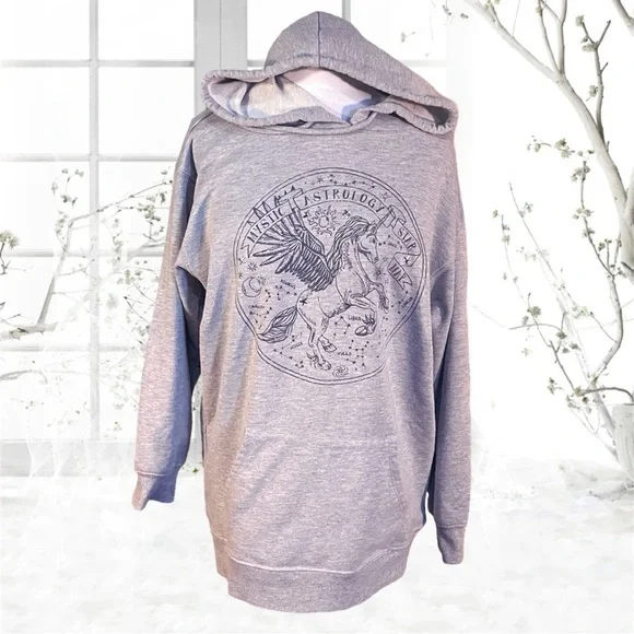 Forever21 Grey Hoodie Women Large Astrology Horoscope Unicorn Pegasus Stars - Picture 5 of 5